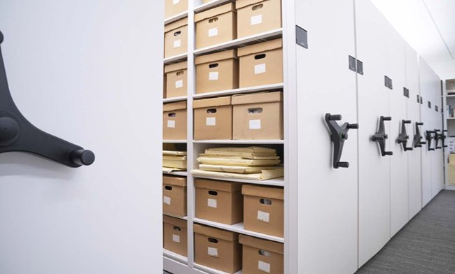 Archive shelving with banker's boxes — Aurora mobile-mounted records storage