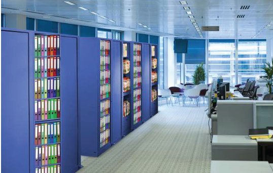 Aurora high-density mobile shelving installation in an active office archive