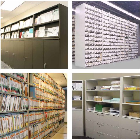 Four examples of archive and records shelving — fixed cabinets, mobile shelving, color-coded files, and open file cabinets