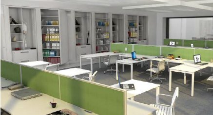 Open office archive shelving with binders and active workstations in foreground